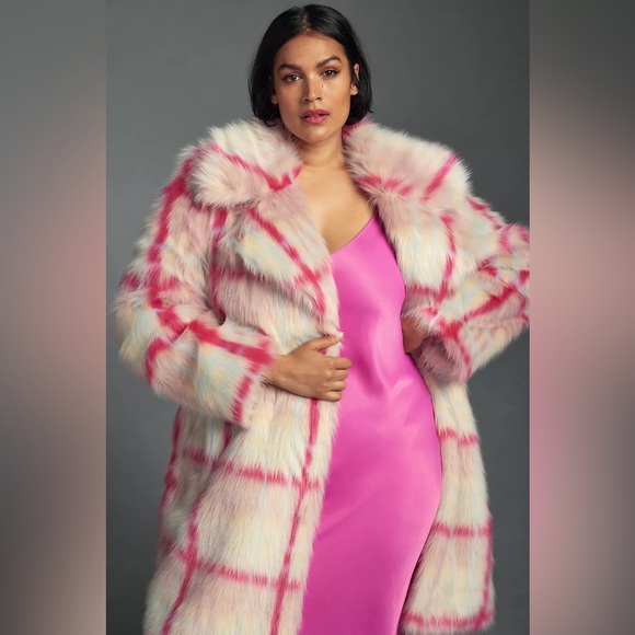 NVLT Anthropologie Tartan Plaid Faux Fur Coat - Pink and White - Picture 11 of 15